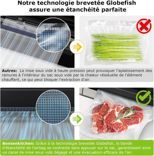 Bonsenkitchen Powerful and Quiet Food Vacuum Sealer with Globefish Technology for Continuous Work, Locked Handle Design, Integrated Cutter, 2 Rolls of Bags Included - Image 6