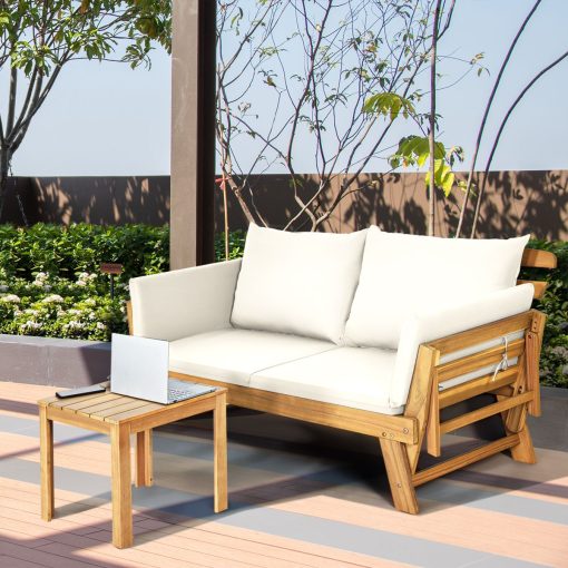Chaise Longue Convertible avec Coussin Canapé de Jardin 2 en 1 en Bois d’Acacia avec Accoudoir Réglable pour Patio Piscine Jardin Blanc/Gris/Bleu/Rouge - Image 5