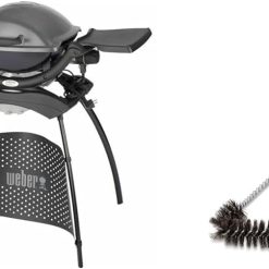 Weber Q1400 Barbecue électrique avec support, surface de cuisson 43 x 32 cm, nomade, grille en fonte émaillée divisée en 2 parties, couvercle et cuve en fonte d'aluminium - Gris foncé (52020853)