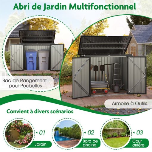 Abri de Stockage en Métal Galvanisé pour Poubelles Extérieur Abri de Jardin Verrouillable avec Toit Ouvert 2 Portes 172X95,5X130CM Gris - Image 8