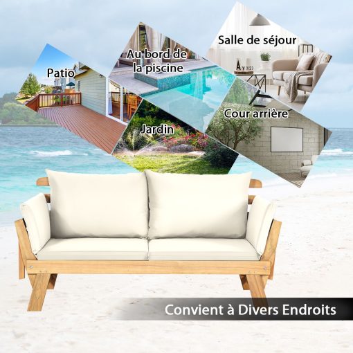 Chaise Longue Convertible avec Coussin Canapé de Jardin 2 en 1 en Bois d’Acacia avec Accoudoir Réglable pour Patio Piscine Jardin Blanc/Gris/Bleu/Rouge - Image 14