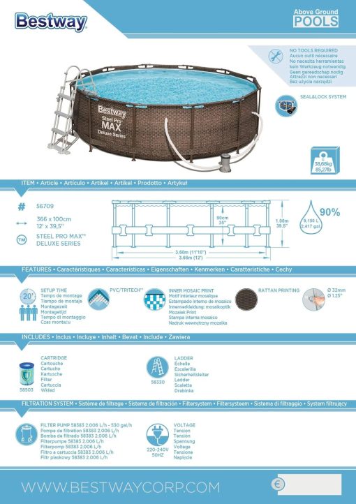 Bestway Power Steel Deluxe Piscine tubulaire ronde avec cadre en acier solide Kit complet Aspect rotin 366 x 100 cm, Marron - Image 10