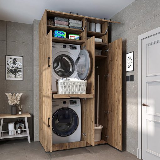 ROOMART Dora - Armoire de machine à laver - Pour sèche-linge et machine à laver - En 4 couleurs - Avec portes et panneau coulissant - Blanc - Chêne blanc - Chêne anthracite - Chêne blanc (chêne blanc) - Image 6