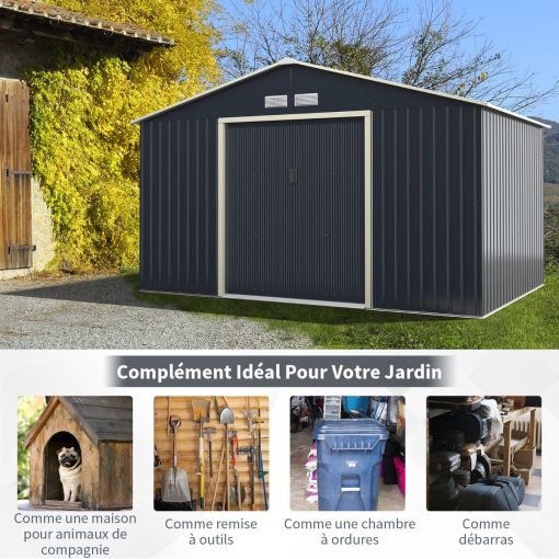 Abri de Jardin en Métal & Extension 10.85㎡ avec 2 Portes Coulissantes Verrouillables 4 Trous d’Aération Gris pour Vélo - Image 14