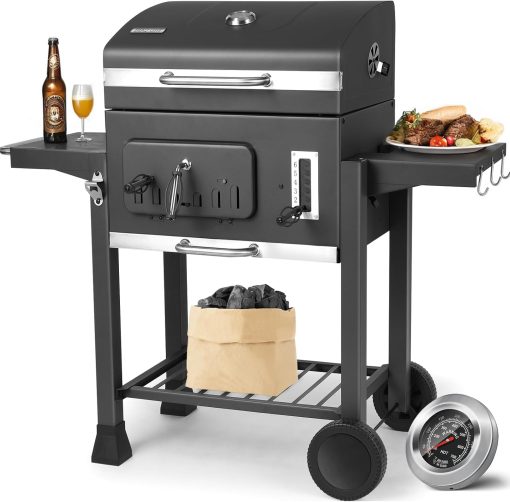 Barbecue Charbon de Bois XL, Chariot à Barbecue, Grill XL à Charbon avec Couvercle, Roues et Thermomètre, Réglable en Hauteur, Grand Barbecue au Charbon de Bois, pour Camping et Jardin, Noir - Image 7