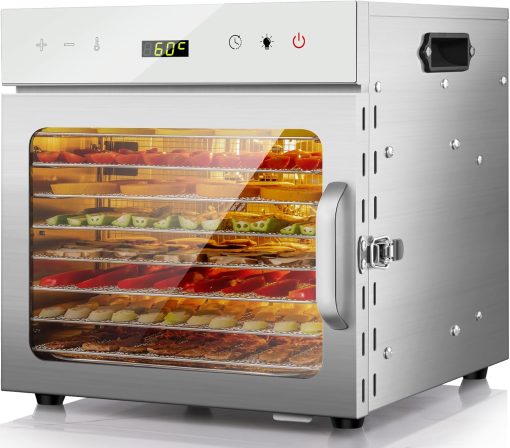 Kwasyo Food Dehydrator Stainless Steel 8 Trays Temperature Regulator 30-90°C 24H Timer Function BPA Free Dehydrator for Fruit, Meat, Vegetables