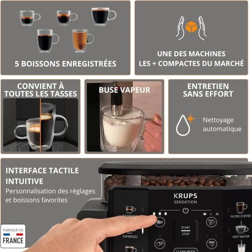Krups Sensation C50, Machine à café grains, machine expresso, 5 boissons accès direct, Interface tactile, Facile à utiliser, Nettoyage automatique, Buse vapeur Cappuccino, Fabriqué en France EA910810 - Image 22