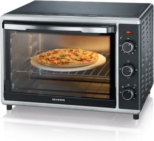 SEVERIN Mini-Four à chaleur tournante 42 L avec pierre à pizza et tournebroche, Four posable 1 800 W design élégant, électrique avec minuteur 120 min, Noir/Inox, TO 2058 - Image 3