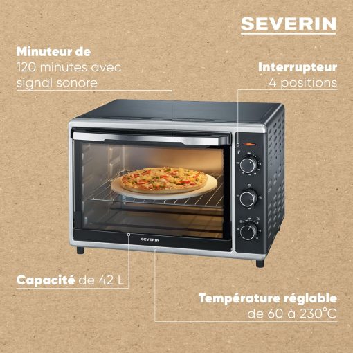 SEVERIN Mini-Four à chaleur tournante 42 L avec pierre à pizza et tournebroche, Four posable 1 800 W design élégant, électrique avec minuteur 120 min, Noir/Inox, TO 2058 - Image 17