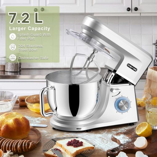 CHeflee 1800W Professional Kitchen Mixer 7.2 Litres Low Noise Multifunctional Kitchen Robot with Whisk, Beater, Hook, Stainless Steel Bowl, 6 Speeds - Image 4