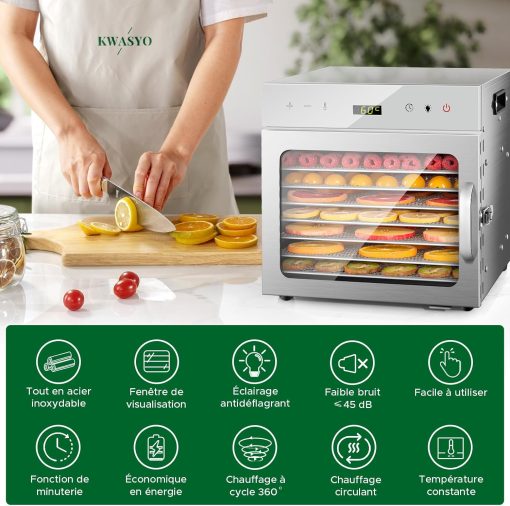 Kwasyo Food Dehydrator Stainless Steel 8 Trays Temperature Regulator 30-90°C 24H Timer Function BPA Free Dehydrator for Fruit, Meat, Vegetables - Image 8