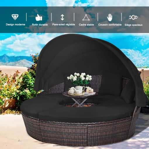 Lit de Jardin Rond d'Exterieur Table Relevable Modulable & Convertible - Pare Soleil Réglable rotin PE Coussins Inclus  Noir - Image 11