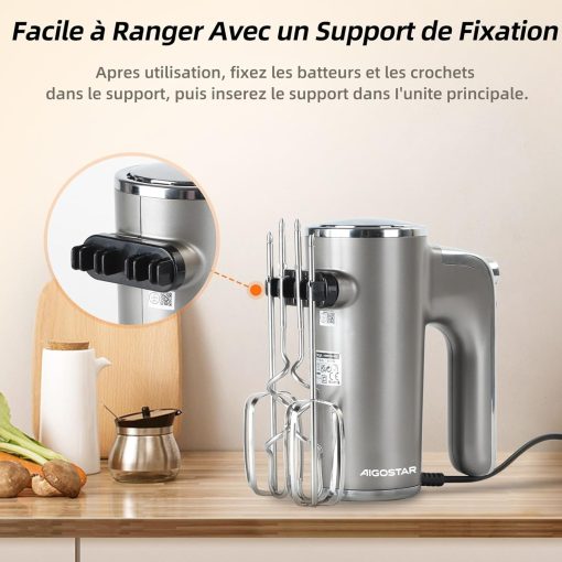 Aigostar Adela - Batteur électrique, Batteur à Main électrique Ultra Puissant de 400W. 5 Vitesses + Turbo, Bouton D'éjection. 1 Support de Rangement et 2 Batteurs et 2 Crochets Pétrisseurs. - Image 6