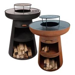 Barbecue rond avec plaque ronde en acier et grille en acier corten