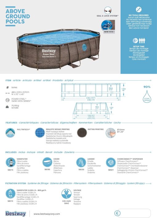 Bestway 56946 Piscine Power Steel? Swim Vista ovale 488 x 305 x 107 cm motif rotin avec hublots, filtration à sable, échelle, bache et diffuseur Chemconnect? - Image 8