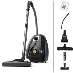 Rowenta Green Force Max Silence Vacuum Cleaner with Bag, 900 W Max, High Filtration, Quiet, Eco-Responsible, Made in France, Black/Aluminium RO6136EA