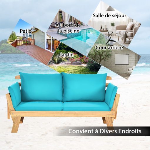 Chaise Longue Convertible avec Coussin Canapé de Jardin 2 en 1 en Bois d’Acacia avec Accoudoir Réglable pour Patio Piscine Jardin Blanc/Gris/Bleu/Rouge - Image 23