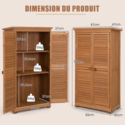 Abri de Jardin En Bois 160 Cm Toit en Asphalte 2 Portes Verrouillables avec Loquet Armoire Cabane en Sapin Pré-Huilé Imperméable 3 étagères Amovibles Naturel - Image 10