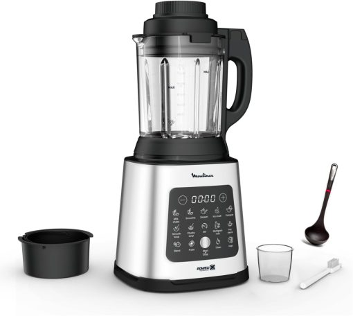 Moulinex Perfectmix Cook blender chauffant à haute vitesse, 10 programmes automatiques, 1400 W, YY5607FG, Noir et Transparent, Métal