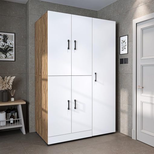 ROOMART Dora - Armoire de machine à laver - Pour sèche-linge et machine à laver - En 4 couleurs - Avec portes et panneau coulissant - Blanc - Chêne blanc - Chêne anthracite - Chêne blanc (chêne blanc) - Image 37