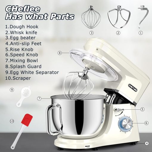 CHeflee 1800W Professional Kitchen Mixer 7.2 Litres Low Noise Multifunctional Kitchen Robot with Whisk, Beater, Hook, Stainless Steel Bowl, 6 Speeds - Image 18