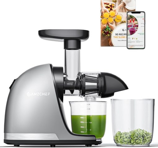AMZCHEF Extracteur Jus - Extracteur de Jus de Fruits et Légumes - Presses-agrumes à Froid sans BPA avec 2 Tasses et Brosse - Fonction de Mastication Inversée pour éviter les Blocages - Argent - Image 2