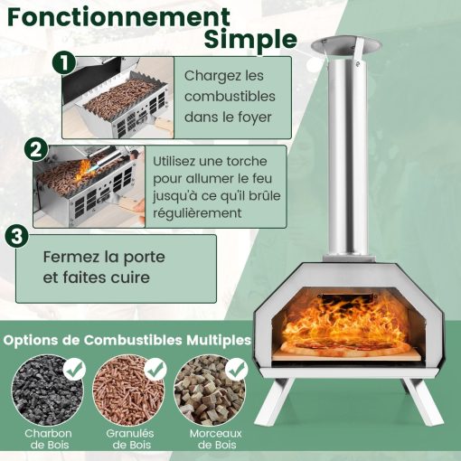 Four à Pizza Extérieur en Acier Inoxydable avec Pierre à Pizza de 30,5cm Four à Bois pour Pizza avec Pelle Pare-feu Pieds Pliables - Image 6
