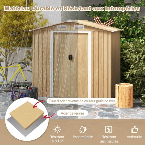 Abri de Jardin 2.3㎡ en Acier Galvanisé Anti-UV 196x142x186cm Cabane de Jardin Exterieur 3.7m3 avec Porte Coulissante Rampe Naturel - Image 9