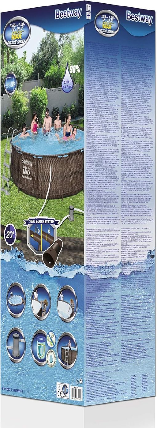 Bestway Power Steel Deluxe Piscine tubulaire ronde avec cadre en acier solide Kit complet Aspect rotin 366 x 100 cm, Marron - Image 3
