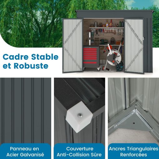 Abri de Jardin Extérieur Abri à Outils de Jardin avec 2 Portes Design Incliné Aérations Cadre en Métal Galvanisé 235x117x185cm Gris Foncé - Image 4