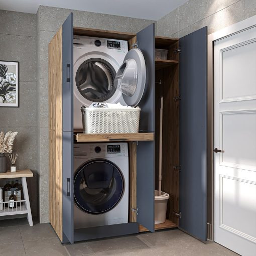 ROOMART Dora - Armoire de machine à laver - Pour sèche-linge et machine à laver - En 4 couleurs - Avec portes et panneau coulissant - Blanc - Chêne blanc - Chêne anthracite - Chêne blanc (chêne blanc) - Image 8