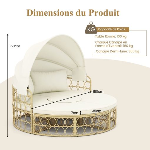 Lit de Repos Rond pour Patio avec Auvent Rétractable Ensemble de Siège Sectionnels Séparés en Rotin PE avec Coussins Doux Blanc - Image 11