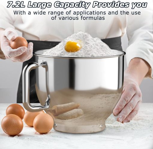 CHeflee 1800W Professional Kitchen Mixer 7.2 Litres Low Noise Multifunctional Kitchen Robot with Whisk, Beater, Hook, Stainless Steel Bowl, 6 Speeds - Image 21