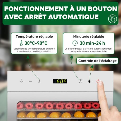 Kwasyo Food Dehydrator Stainless Steel 8 Trays Temperature Regulator 30-90°C 24H Timer Function BPA Free Dehydrator for Fruit, Meat, Vegetables - Image 5