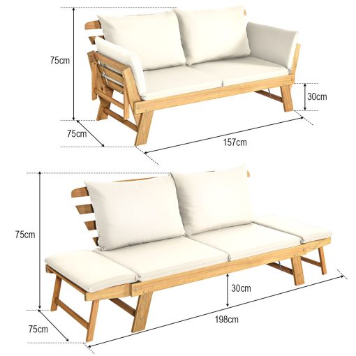 Chaise Longue Convertible avec Coussin Canapé de Jardin 2 en 1 en Bois d’Acacia avec Accoudoir Réglable pour Patio Piscine Jardin Blanc/Gris/Bleu/Rouge - Image 15