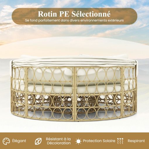 Lit de Repos Rond pour Patio avec Auvent Rétractable Ensemble de Siège Sectionnels Séparés en Rotin PE avec Coussins Doux Blanc - Image 9