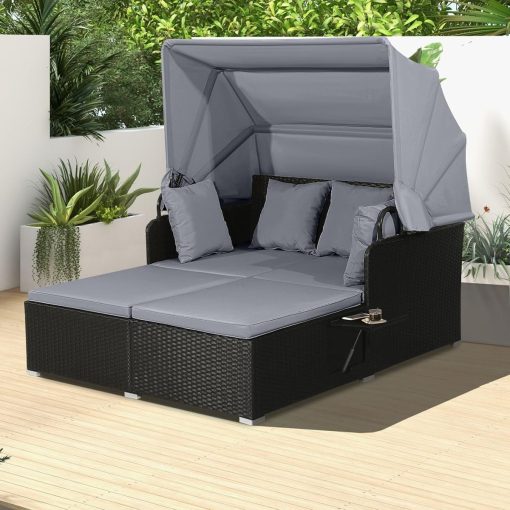 Chaise Longue à 2 Places en Rotin avec Auvent Rétractable Bain de Soleil avec Panneaux Latéraux Pliables Charge 360KG Beige/Gris - Image 11