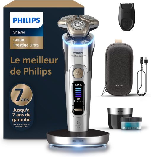 Philips Rasoir i9000 Prestige Ultra, Rasoir électrique 100% étanche, Technologie Skin IQ Pro, Système Triple Lift & Cut, Lames de précision NanoTech rotatives 360°, 5 modes de rasage, XP9401/38