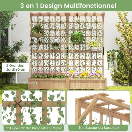 Jardinière avec 2 Treillis 2 Bacs Toit Suspendu en Bois Lit de Jardin Surélevé avec 4 Trous de Drainage 180 x 48 x 183 cm Orange - Image 6