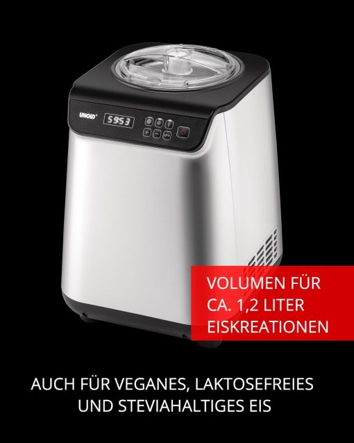 Unold Uno 48825 Sorbetière – Compresseur auto-refroidissant, entièrement automatique, 135 W, refroidissement à -35 °C, écran LCD, récipient en acier inoxydable, minuterie, compresseur - Image 4