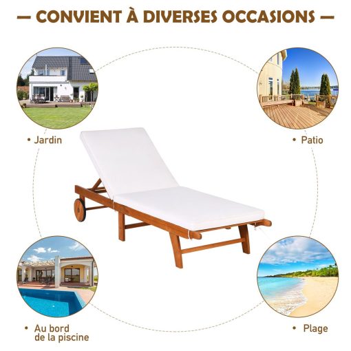 Chaise Longue Pliable en Bois avec 2 Roues et un Coussin Amovible Dossier Réglable Capacité Portante 160KG Idéal pour L’extérieur - Image 9