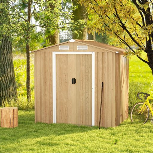Abri de Jardin 2.3㎡ en Acier Galvanisé Anti-UV 196x142x186cm Cabane de Jardin Exterieur 3.7m3 avec Porte Coulissante Rampe Naturel