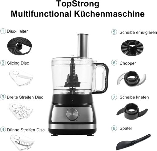 TopStrong Multifunctional Food Processor, 1100 W Multifunctional Food Processor, 11 in 1 Food Processor Included Chopper, Kneader Hook, Blender, Citrus Press and Coffee Grinder, 3.2L Bowl and 1.5L - Image 16