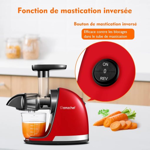 AMZCHEF Extracteur Jus - Extracteur de Jus de Fruits et Légumes - Presses-agrumes à Froid sans BPA avec 2 Tasses et Brosse - Fonction de Mastication Inversée pour éviter les Blocages - Argent - Image 32
