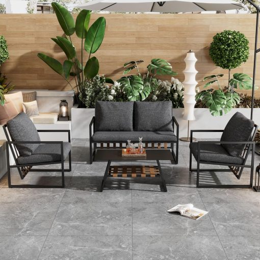 Zepneiy Salon de Jardin, Salon de Jardin 4 Personnes, avec canapé, Table Basse et Coussins, Housse en Tissu déhoussable et Lavable, Noir (Coussins d'assise Inclus) - Image 24
