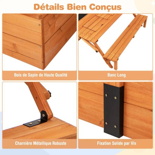 Bac à Sable en Bois pour Enfants avec Couvercle Aire de Jeux avec Table Sensorielle Pliable & Banc Parasol Ajustable pour 3+ Ans Naturel - Image 4