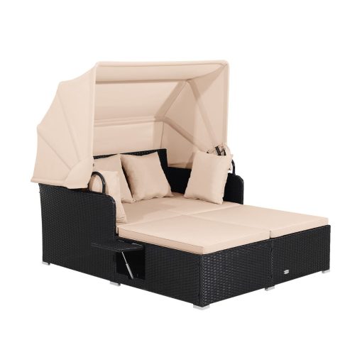 Chaise Longue à 2 Places en Rotin avec Auvent Rétractable Bain de Soleil avec Panneaux Latéraux Pliables Charge 360KG Beige/Gris - Image 4