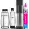 SodaStream Duo Sparkling Water Machine for Glass Jug | Pack of 2 Glass Jugs 1L + 1 Bottle 1L Dishwasher Safe + 1 60L Gas Refill Clip On | Black [Amazon Exclusive]