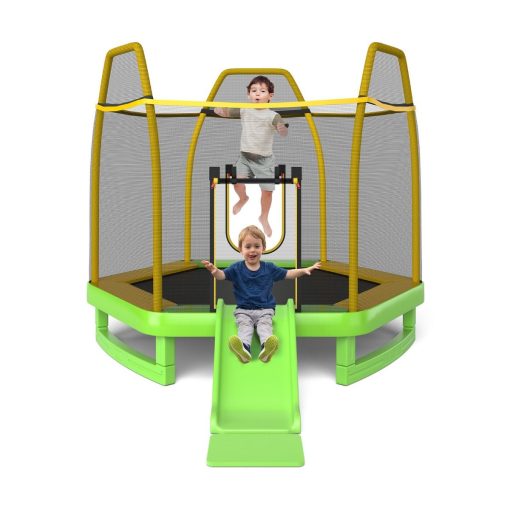 Trampoline Extérieur ? 223cm avec Toboggan&Echelle avec Filet de Sécurité 2 Portes en U Charge 270kg pour 2-3 Enfants de 3 Ans+ Bleu/Vert - Image 11