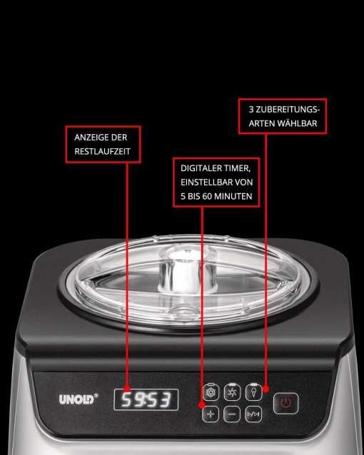 Unold Uno 48825 Sorbetière – Compresseur auto-refroidissant, entièrement automatique, 135 W, refroidissement à -35 °C, écran LCD, récipient en acier inoxydable, minuterie, compresseur - Image 3